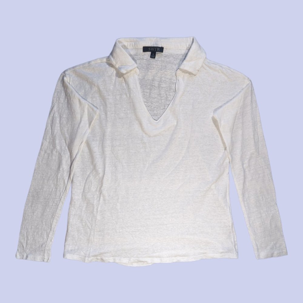 SWTR | Linen Johnny Collar Long Sleeve Women's Top White Small